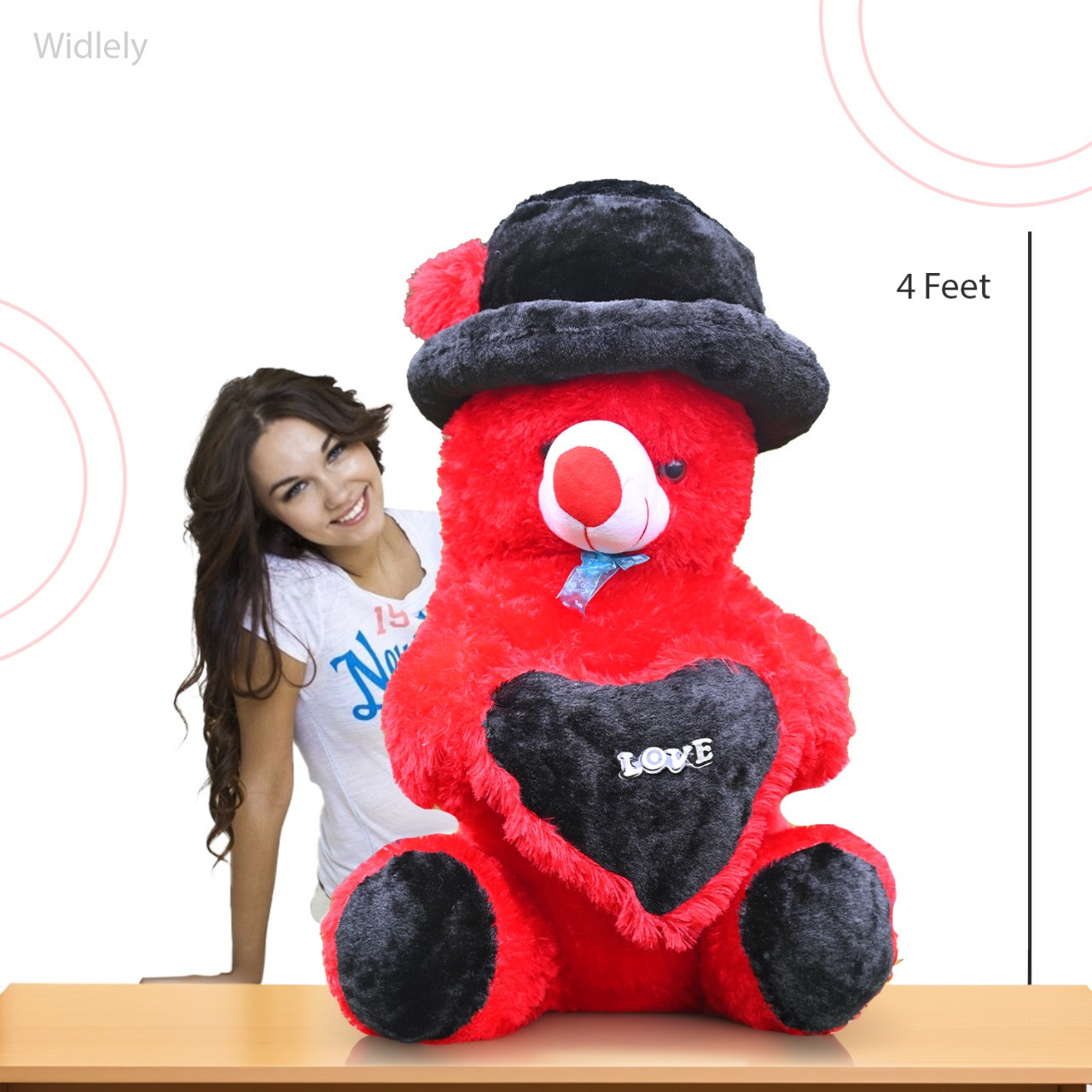 Widlely Teddy Bear with Cap & Heart for Kid's and Toddlers | Adorable Soft Toys | Best Gift for Birthday & Valentine | (4Feet, Black & Red)